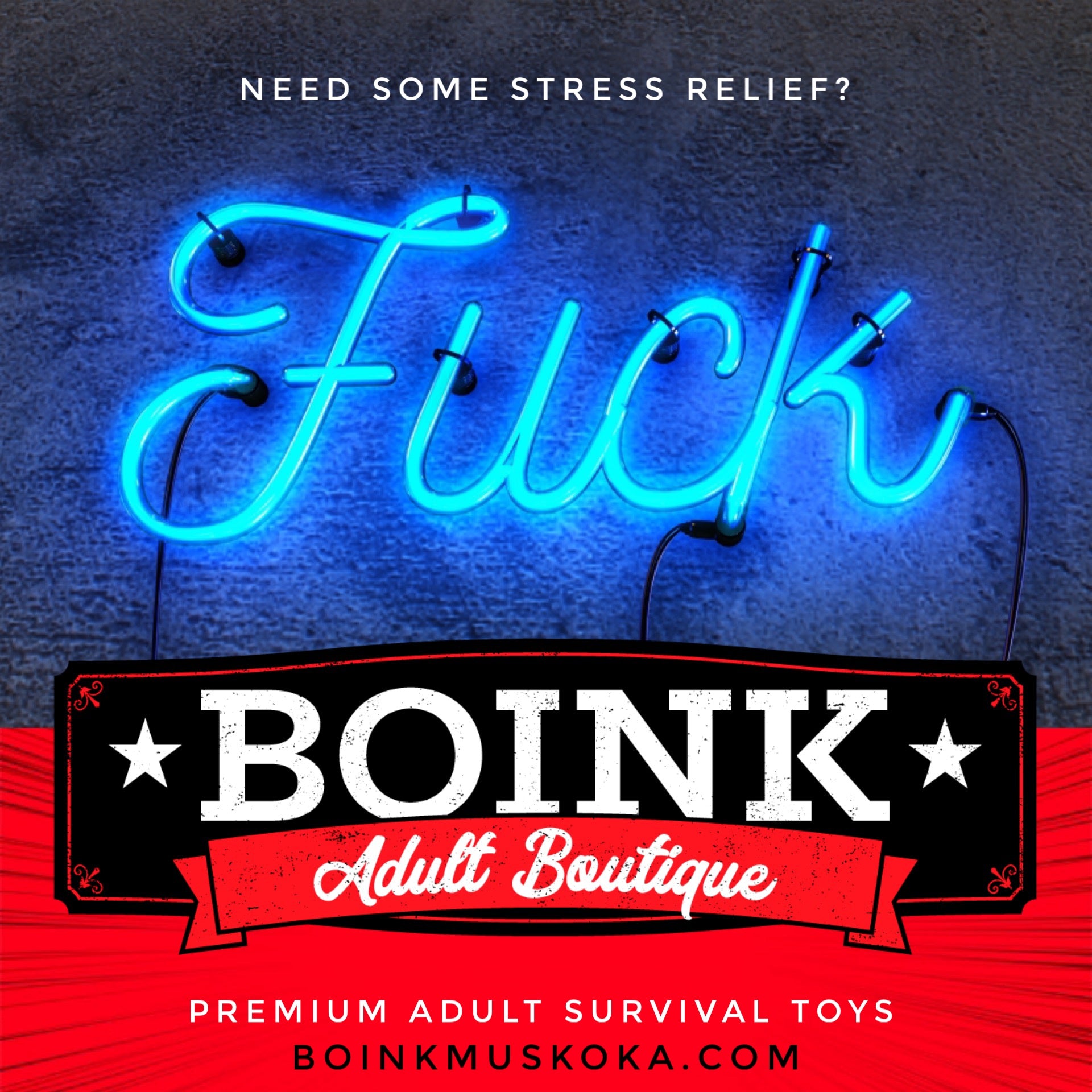 Neon sign displaying the word "Fuck" coloured neon blue with a wall behind. Walls are great to hold on to, incase you need some leverage during intercourse or other sexual play. The word Fuck is a synonym to BOINK where you can find Adult Toys to Boink w